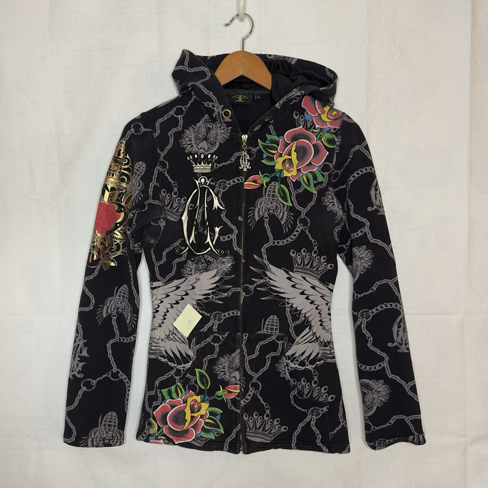 VTG Christian Audigier Black Medium Hoodie - Small Hole At Pocket